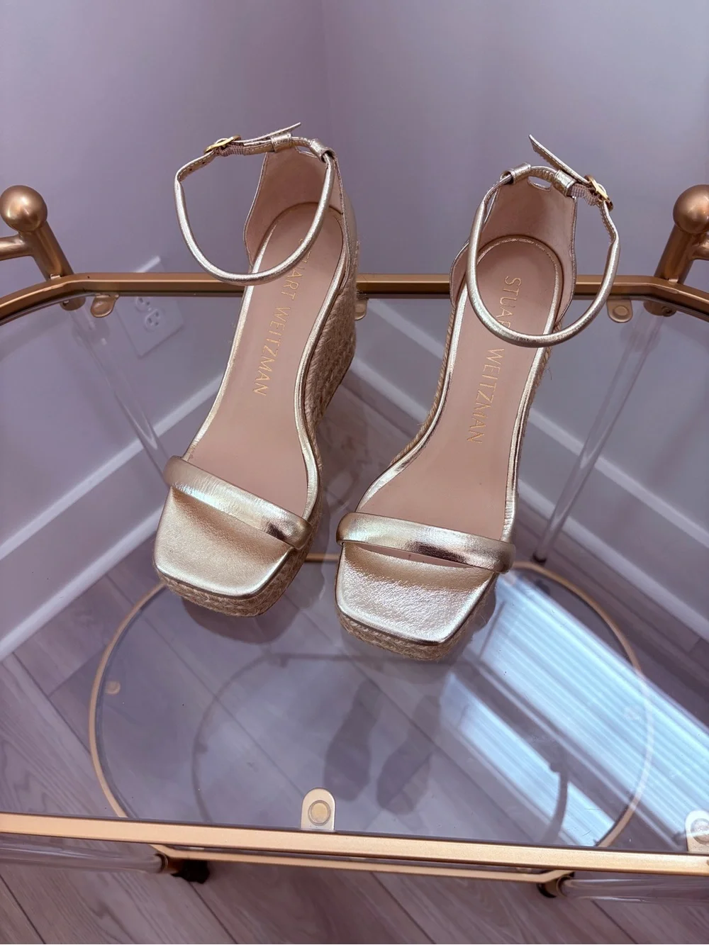 Stuart Weitzman Metallic Gold Espadrille Wedge Sandals with Ankle Strap - Picture 2 of 4